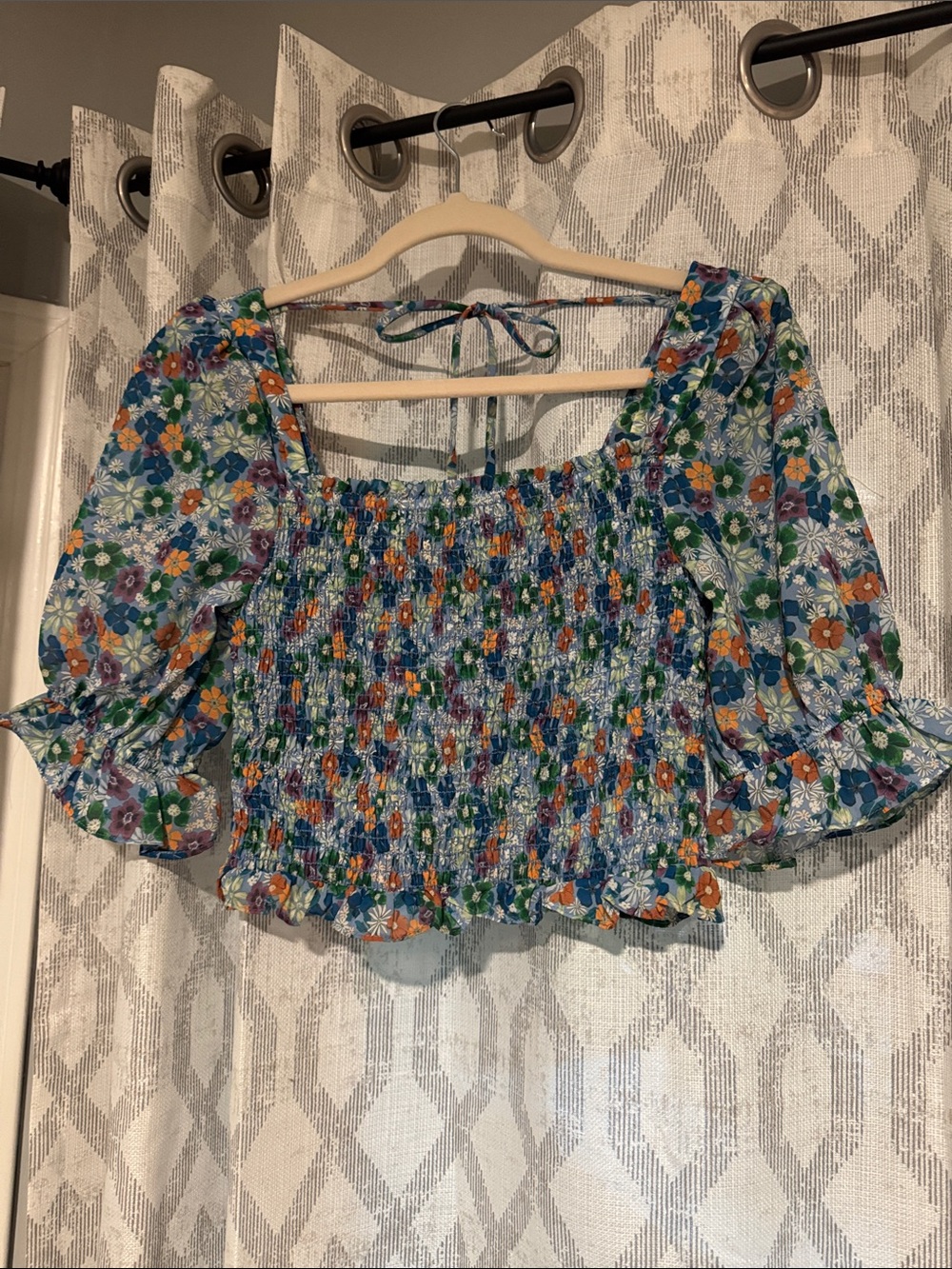 Floral Smocked Square-Neck Crop Top - Blue Multi